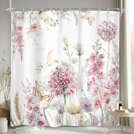 Newsely Pink Floral Hydrangea Shower Curtain 72Wx72H Inch Cute Butterfly Plants Farmhouse Watercolor Flower Wildflower Shower Curtain Bathroom Set for Women Girl Waterproof Bath Accessories Home Decor