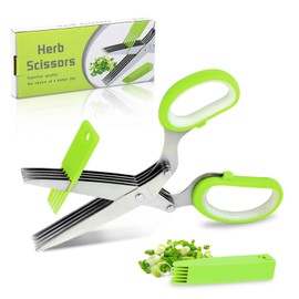 Stainless Steel Kitchen Scissors 5 Blades – Herb Scissors Green – Herb Scissors – Cleaning Comb and Peeler – Suitable for Herbs such as Chives, Chili and Other Kitchen Scissors