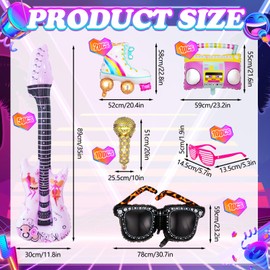 29 Pcs Inflatable Party Props – 80s 90s Themed Party Props Guitars, Roller Skates, Boombox, Microphones, Sunglasses – Inflatable Musical Instruments for Rock and Roll Theme Decorations