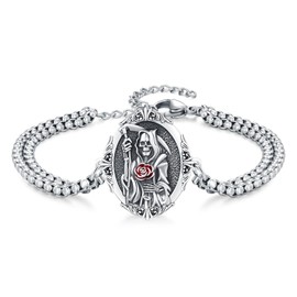 XIXLES Santa Muerte Bracelet 925 Sterling Silver Grim Reaper Medal Bracelet Holy Death Skull Amulet Bracelet Jewelry for Men with Jewelry Box