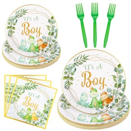 LASLU 96 Pieces Dinosaur Party Decorations Supplies Green Party Tableware Set Baby Shower Party Dessert Plates Napkins Forks for 24 Guests It's a Boy Shower Party