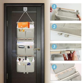champracer Hanging Organiser Wall Hanging with 3 Pockets Hanging Storage Bag, Foldable Linen Wall Organiser Hanging with Pockets for Bathroom Kitchen Home Office (Set of 4)