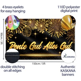 Rente Gut Alles Gut Banner 150 x 90 cm - Finally Retirement Garland - Alles Gute Zum Ruhestand Decoration - Vivid Digital Print - 110 Denier Polyester - Double Stitching (Black & Gold)