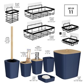 Clara Clark Bathroom Set - Navy Blue Bathroom Accessories Set, 6PC Bathroom Accessory Set, Bathroom Sets with Adhesive Corner Shower Caddy Hanging, Toilet Brush, Trash Can & Soap Dispenser