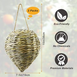 2 Pack Woven Reed Crochet Wasp Nest Decoy, Faux Hanging Wasp Hornets Hive Nests Artificial Fake Wasp Nest Decoy Decoration for Patio Eaves Yard Home, 15×7.5 Inch