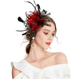 ELLYDOOR Mesh Fascinators for Women Sinamay Derby Headband Wedding Tea Party Hat Feather Flower Hair Clip Black Red