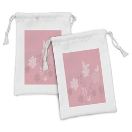Ambesonne Rose Fabric Pouch Set of 2, Dreamy Fantasy Spring Nature with Flourish Ornament and Flying Butterflies, Small Drawstring Bag for Toiletries Masks and Favors, 9" x 6", Pale Rose Rose