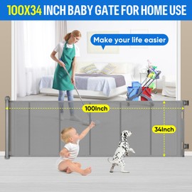 34X100” Extra Wide Retractable Baby Gate, Extra Wide Safety Kids or Pets Gate, 34” Tall, Extends to 100” Extra Wide, Mesh Safety Dog Gate for Stairs, Indoor, Outdoor, Doorways, Hallways