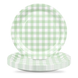 Houuqe 48Pcs Gingham Party Supplies Sage Green Paper Plates 9 inches Disposable Plaid Decorative Dinner Dessert Serving Plates for Baby Shower Wedding Birthday Party