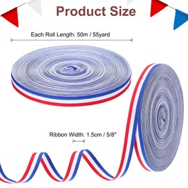 PATIKIL 5/8" Red White Blue Striped Grosgrain Ribbon, 55 Yard Polyester Fabric Stripe Craft Ribbon Double Faced Design for Bow Gift Wrapping DIY Making Garment Christmas Decorations