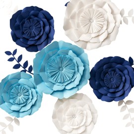 3D Paper Flowers Decorations, Giant Paper Flowers, Large Handcrafted Paper Flowers (Navy Blue, Beige, Aqua Blue, Set of 6) for Wedding Backdrop, Bridal Shower, Baby Shower, Nursery Wall Decor