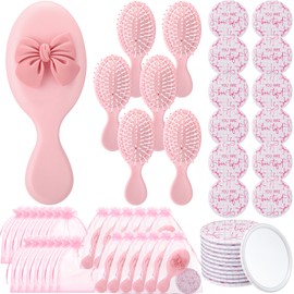 Wonderjune 24 Set Coquette Bow Party Favor Compact Mirror Mini Hair Brush Organza Bag Inspirational Aesthetic Preppy Gift for Women Birthday Bridal Shower Bachelorette Graduation Party Supplies(Pink)