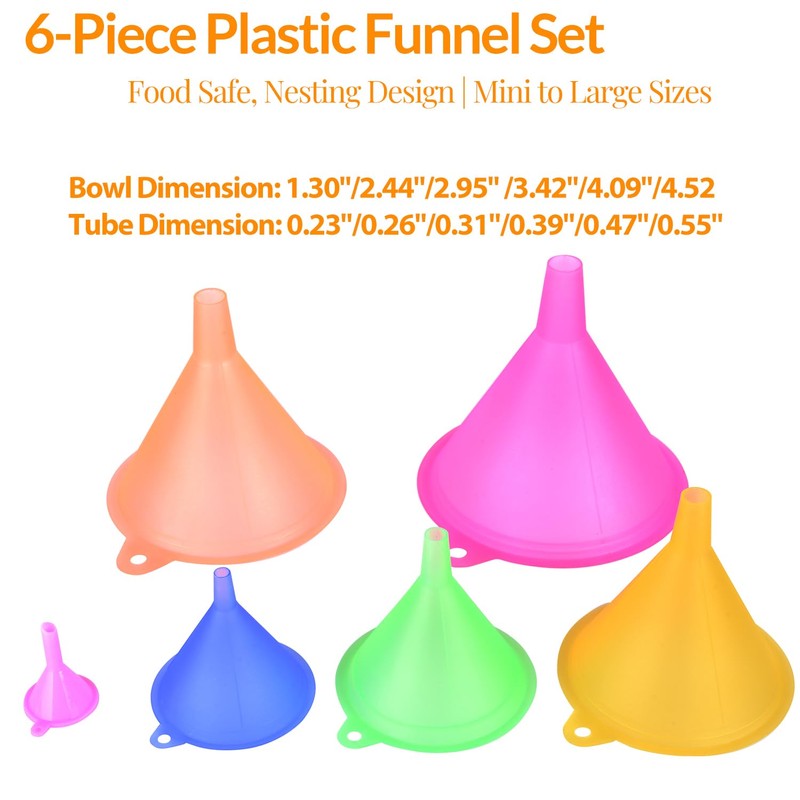6 Pcs Plastic Funnel Set - Mini/Small/Large Funnels Set for
