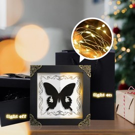 Real Framed Butterfly Taxidermy Butterfly, Handmade Shadow Box Taxidermy Specimen Display , Wooden Picture Frame with Light for Wall Art Hanging Home Decor (Black)