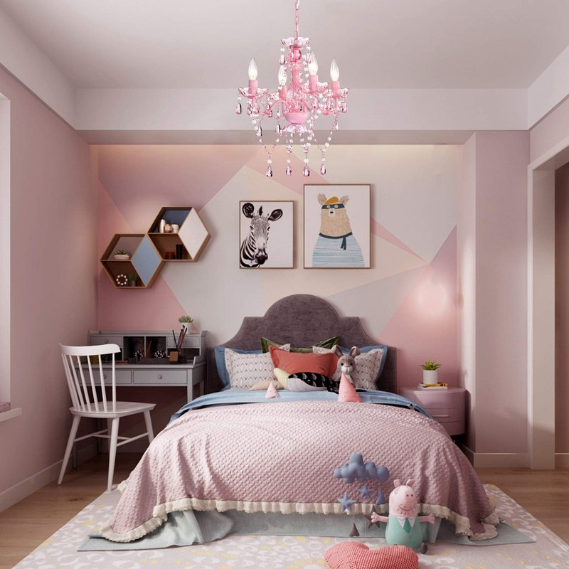 Mini Chandelier with Acrylic Crystals Pink Chandelier 4 Light Modern