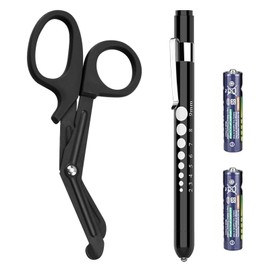 2 Pack Medical Scissors and Penlights with Batteries for Nurses Medical Supplies with One LED Medical Pen light, One 6 inches Scissors Trauma Shears for First Aid EMT (Black Set)