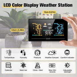 Uzoli EM3405 Weather Station Indoor Outdoor Wireless Thermometer Hygrometer, Temperature Humidity Monitor with Remote Sensor, Digital Weather Forecast Station for Home Use