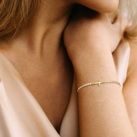 FANZE Cross Tennis Bracelet for Women 14K Gold Plated Cubic Zircon Adjustable Slider Dainty Jewelry Gift for Anniversary Chrismas Valentines Mother's Day