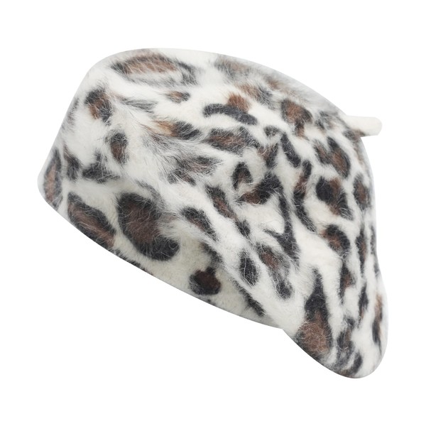 ZLYC Womens Rabbit Fur French Beret Hat Leopard Print (White)