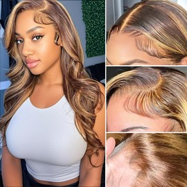 Brown Highlight Body Wave Human Hair Colored 3 Bundles with 4x4 lace closure 16 18 20+16inch, Brazilian Remy Hair Ombre Human Hair Wavy Weaves