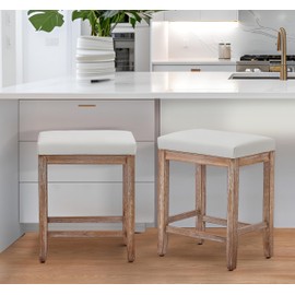 RNKSFX Counter Height White Bar Stools Set of 2 for Kitchen Counter Farmhouse Modern Barstools with Faux Leather Upholstered Backless Seat and Solid Wood Legs 24 inch Bar Chairs, White + Wood Color