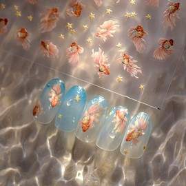 LIFOOST Goldfish Nail Art Stickers Sparkly Koi Fish Nail Stickers 5D Embossed Cute Star Manicure Decals Accessories Spring Summer Goldfish Adhesive Slider for Women DIY Nail Art Decorations