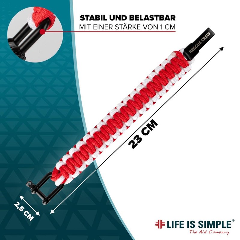 LIFE IS SIMPLE Paracord Survival Bracelet, Rescue Crew, Red, White,