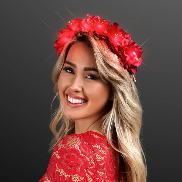 Light Up Red Flower Crown Headband for Festivals with Red LED Lights