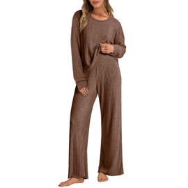 ANRABESS Women 2 Piece Lounge Pajamas Sets Casual Ribbed Knit Long Sleeve Top Pants Matching Set 2025 Fall Outfits Clothes Brown Small