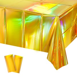 CZSYZCZS 54" x 108" Sequin Holographic Foil Tablecloths Plastic Tablecloths Shiny Laser Table Covers (Gold)