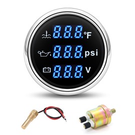 ARTILAURA Triple Gauge Set 3in1 (Oil Pressure+ Water Temperature + Voltmeter) 2" 52mm Blue Backlight AUTO Boat Gauge Kit with Sensor (Black and Silver)