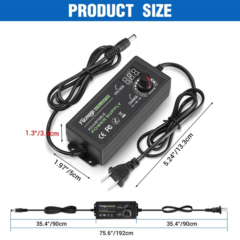 Facmogu 3V-12V 5A 60W Adjustable Power Supply with LED Display,