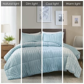 Madison Park Duke Luxe Faux Fur Reversible Comforter Set, Soft Plush Reverse, Modern Down Alternative Filling Cozy Bedding, Box Quilted Warm Cover, Matching Shams, Full/Queen, Aqua 3 Piece