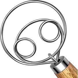 Danish Dough Whisk with Wooden Handle, Stainless Steel, for Bread, Pizza, Cookies, Pastries, Double Stirring Effect