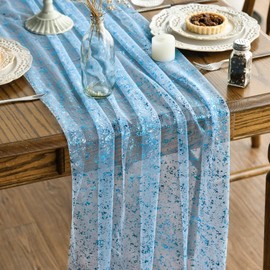 Artoid Mode Light Blue Gold Gauze Table Runner 70x300 cm, Glitter Metallic Foil Sheer Chiffon Cheesecloth Dining Holiday Table Decor for Home Party