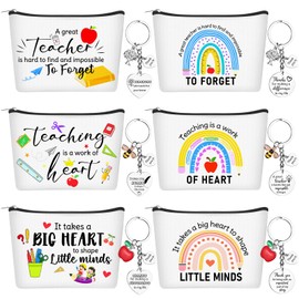 GANGBARU 12 Pcs Teacher Appreciation Present Set 6 Thank You Makeup Bags with Zipper 6 Teacher Key Chains Rainbow Cosmetic Bag Inspirational Presents Bulk for Teacher Women