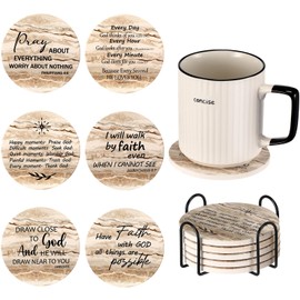 Dandat 12 Pcs Christian Coasters for Drinks with Bible Verses Christian Drink Coasters with Cork Backing Absorbent Coasters for Coffee Table with Holder Funny Ceramic Bar Coasters for House Gifts
