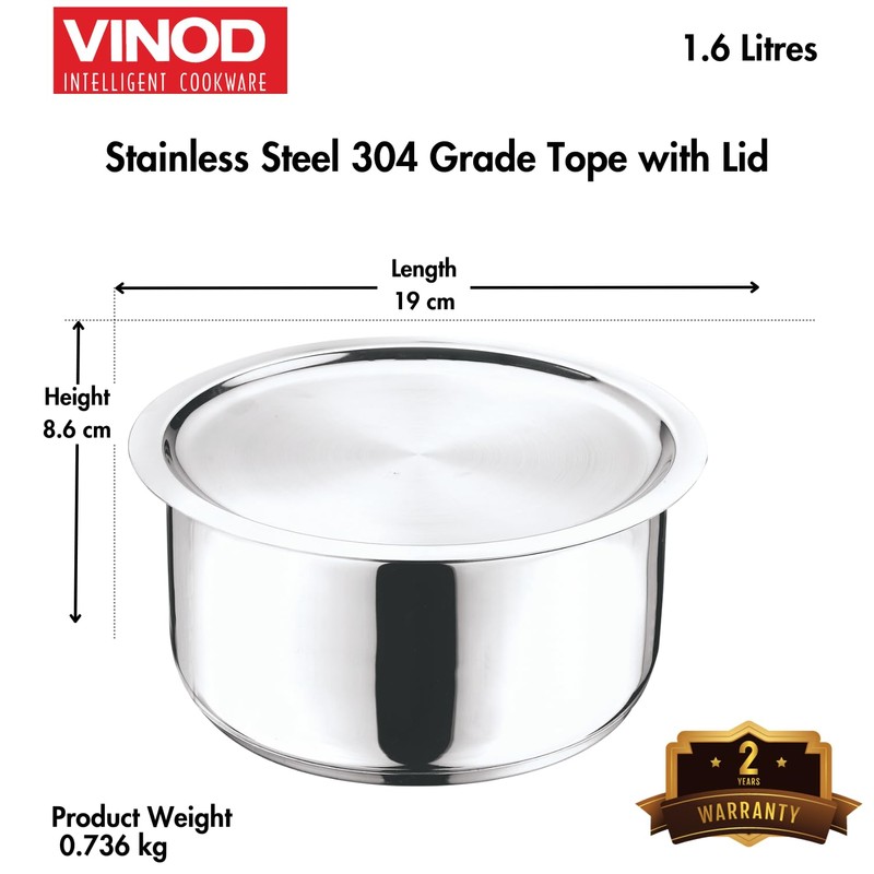 Vinod Cookware Indian Stainless steel Multipurpose Tope with Lid -