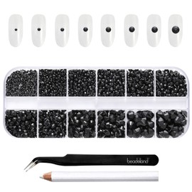 Beadsland Diamantes de imitación para maquillaje, 8 tamaños, 2500 unidades, diamantes de imitación negros con parte trasera plana, gemas faciales para