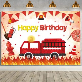 MEHOFOND 7x5ft Firetruck Birthday Backdrop Fireman Rescue Theme Happy Birthday Background Banner for Boys Girls Red Firetruck Firefighter Baby Shower Birthday Party Photo Booth Studio Props Supplies