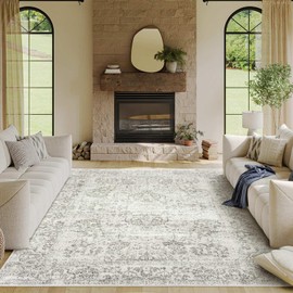 Rugxara 5X7 Washable Area Rug for Living Room, Neutral Vintage Large Boho Rugs for Office, Dining Room, Kids Room, Farmhouse, Durable Low Pile Non Slip Carpet for High Traffic Areas, Light Grey