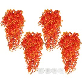 Hamiledyi 4PCS Fake Reptile Plants Hanging Plants for Reptiles with Suction Cup, Fake Amphibian Plants for Bearded Dragon Lizard Geckos Chameleon Tank (Orange)