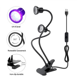 YXO YUXINOU Upgraded 20w 395nm UV LED Black Fixture with Gooseneck and Clamp for UV Gel Nail UV Curing, Portable Dual Head UV Black Light 5V USB Input (365NM+395NM)