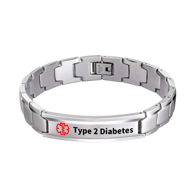 Medical Alert ID Bracelet Classic Steel with Free Link Removal Tool Type 2 Diabetes (Upgraded version)
