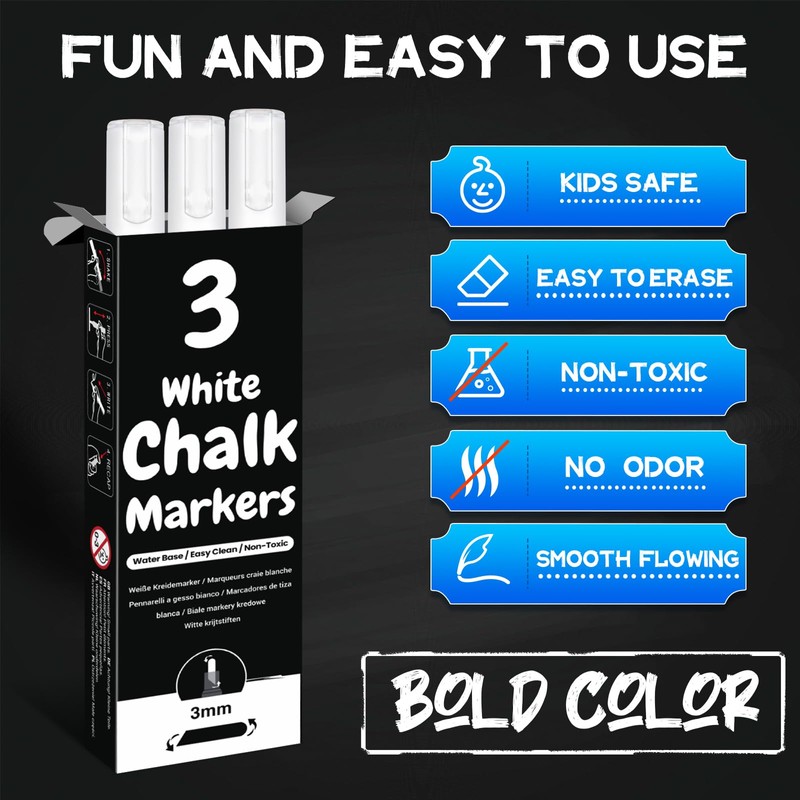 AOSUCO White Chalk Pens, 3mm Washable Liquid Chalk Markers with