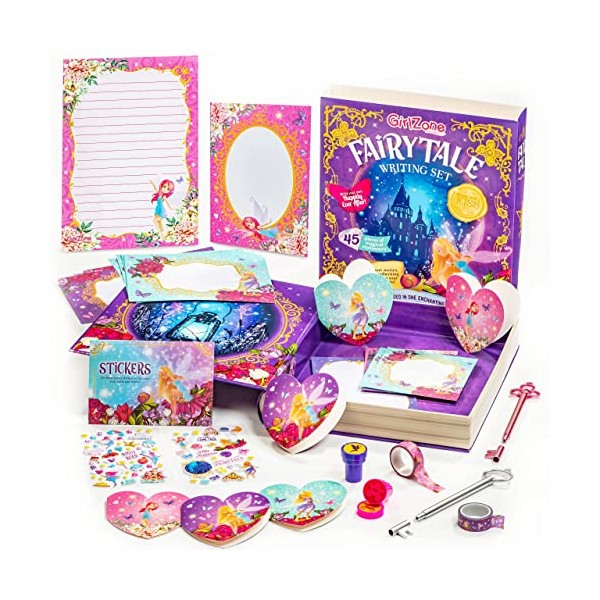 GirlZone Fairytale Writing Set, 45-Piece Stationery Set for Girls with Cards, Stickers, Stampers, Writing Paper, and Envelopes Kids in a Storybook Box