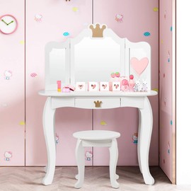 MAT EXPERT Kids Vanity Table & Stool, Princess Makeup Dresser w/Removable Tri-Folding Crown Mirror, 2 in 1 Wooden Kids Girl Vanity w/Drawer, Princess Pretend Play Makeup Dresser Gift (White)