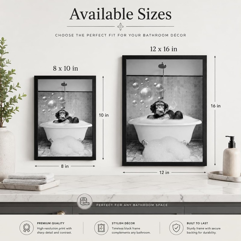 Framed Chimpanzee Bathroom Wall Art, Fun Black And White Monkey
