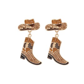Colorful Rhinestone Western Boots Dangle Drop Earrings for Women Boho Cowgirl Cowboy Enamel Hat Boot Earrings Country Concert Party Outfits Jewelry Gift-Brown