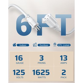 DEWENWILS 6ft Extension Cord, 16 AWG SJTW Weatherproof Power Cable for Indoor Outdoor Use, 3 Prong Grounded Outlets Plugs, ETL Listed, 2 Pack (White)